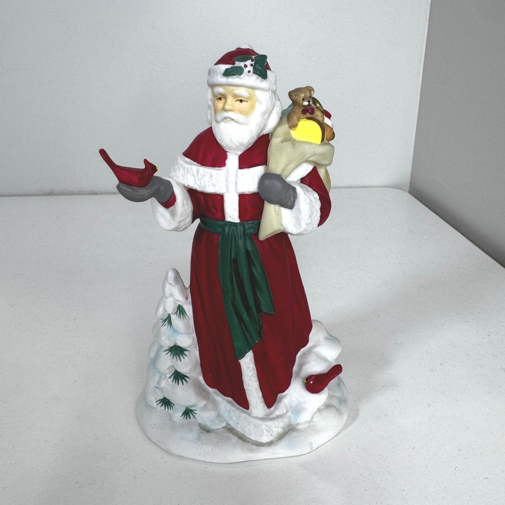Vintage Santa Claus Figurine Cardinal Toy Sack Christmas Decor 7.5"